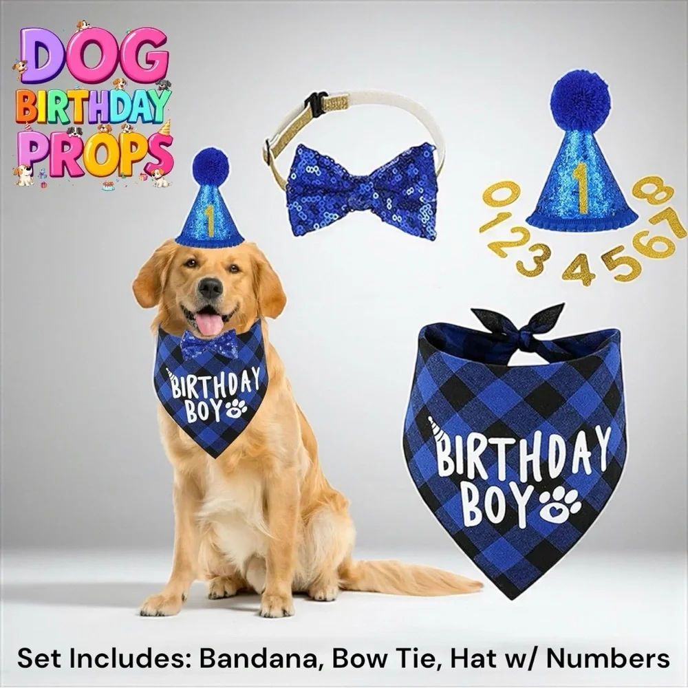 Dog Birthday Boy Party Set Bandana Hat Bow Tie NWT